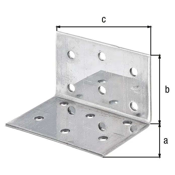 Alberts Escuadra con placa perforada - L x An x Al: 40 x 40 x 60 mm, Acero inoxidable - Un soporte de ángulo plateado con múltiples agujeros, ideal para carpintería y fijación de muebles. Asegura la estabilidad.