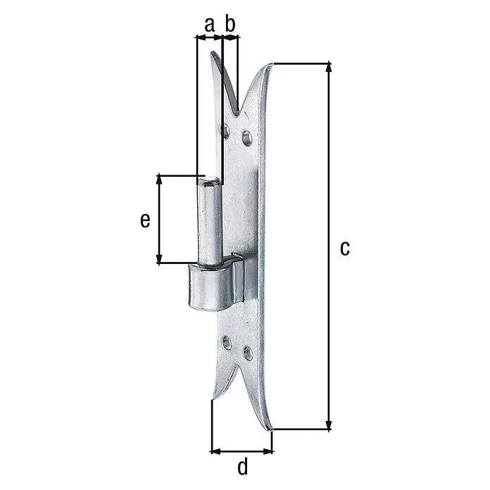 Alberts Gozne de puerta - Longitud rosca: 45 mm, Diámetro estribo: 14 mm, Diámetro de agujero: 8 mm - Placa de bisagra de metal plateado para puerta con pasador vertical y líneas de dimensión a, b, c, d, e.