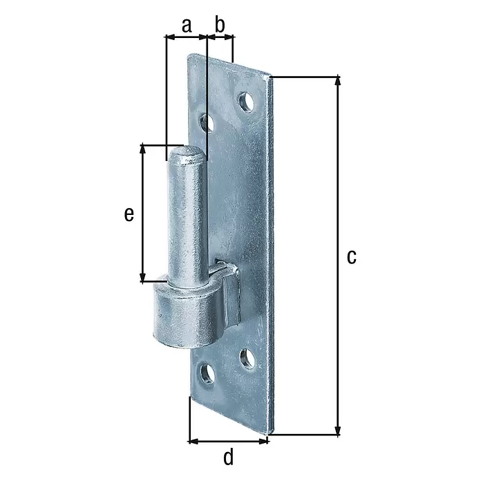 Alberts Gozne de puerta - Diámetro estribo: 14 mm, Diámetro de agujero: 7 mm - Bisagra de puerta de metal galvanizado con placa de montaje y perno vertical, mostrada con dimensiones.
