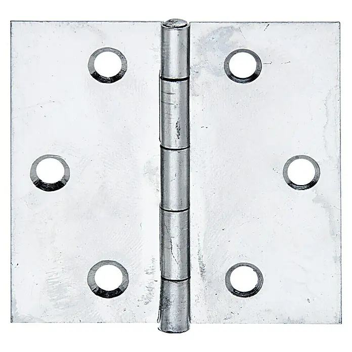 Alberts Bisagra - L x An: 51 x 51 mm, Acero inoxidable - Primer plano de una bisagra de puerta metálica con un acabado brillante y agujeros para tornillos visibles.