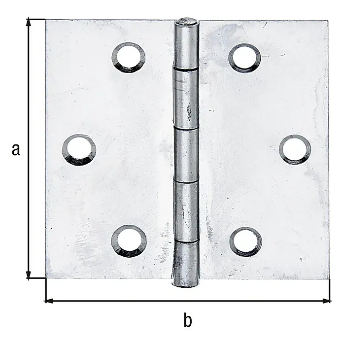Alberts Bisagra - L x An: 51 x 51 mm, Acero inoxidable - Vista de una bisagra de puerta con dimensiones a y b, adecuada para diversos tipos de puertas.