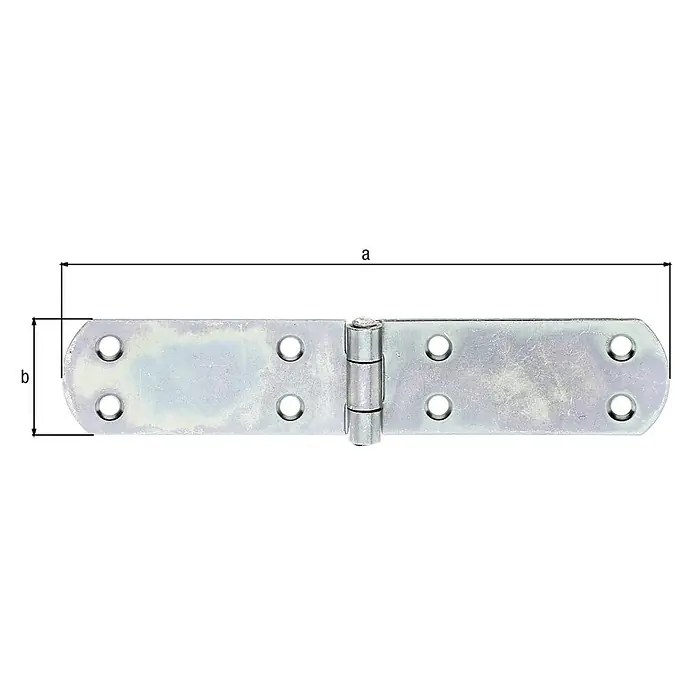 Alberts Bisagra - L x An: 175 x 35 mm, Acero, Zincado - Imagen detallada de una bisagra de metal, que muestra las dimensiones a y b. La bisagra es plateada con múltiples orificios para tornillos.