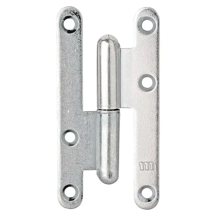 Alberts Bisagra París - L x An: 110 x 55 mm, Zincado, Derecha - Primer plano de una bisagra plateada con extremos redondeados y orificios de montaje. Bisagra duradera para puertas o ventanas.