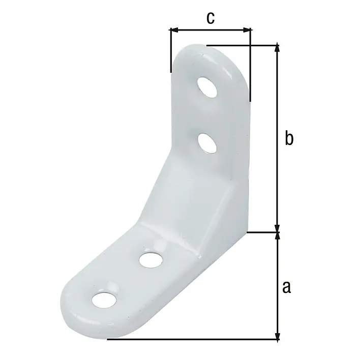 Alberts Escuadra de silla reforzada - L x An x Al: 50 x 50 x 20 mm - Un soporte de ángulo blanco con dimensiones etiquetadas a, b y c, perfecto para proyectos de construcción o reparación, como muebles o estantes.