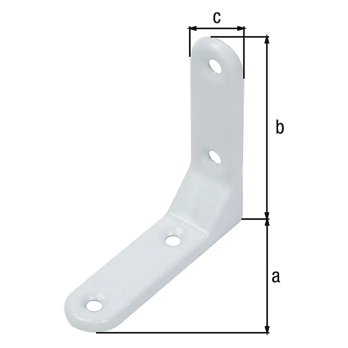 Alberts Escuadra de silla reforzada - L x An x Al: 75 x 75 x 20 mm - Escuadra de ángulo blanca con dimensiones a, b y c. Ideal para montaje en estanterías, muebles y paredes.