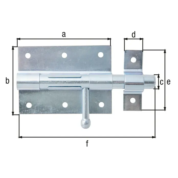 Alberts Pestillo deslizante - An x Al: 140 x 88 mm, Zincado - Cerrojo metálico con diversas dimensiones indicadas por las letras a hasta f, ilustrando el tamaño y la forma del cerrojo.