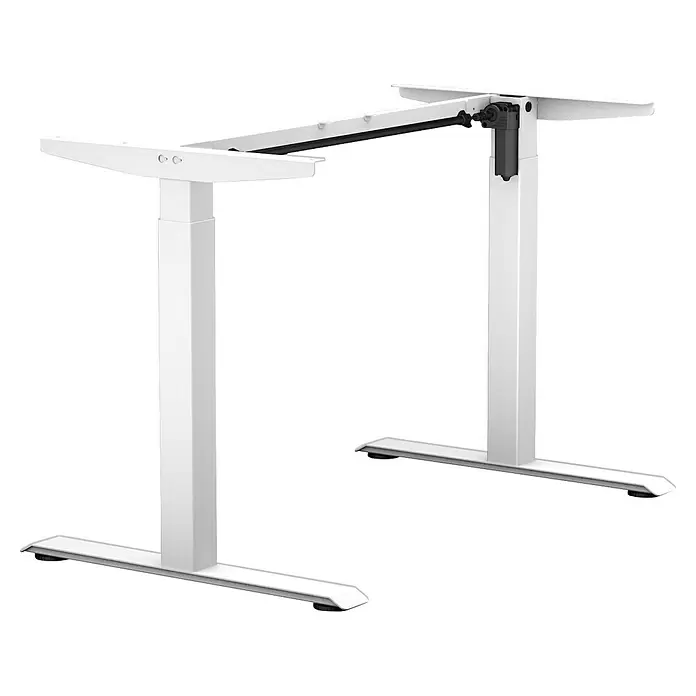 Tischgestell 1M2S - Höhenverstellung: 700 cm - 1.170 cm, Traglast: 80 kg, Stahl, Aluminium - Weißes höhenverstellbares Schreibtischgestell mit schwarzem Motor, ohne Tischplatte.