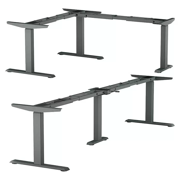 Tischgestell 3M3S - Anthrazit, Höhenverstellung: 625 cm - 1.275 cm, Traglast: 180 kg, Stahl - Zwei graue höhenverstellbare Schreibtischgestelle mit T-förmigen Beinen und rechteckigen Querträgern.