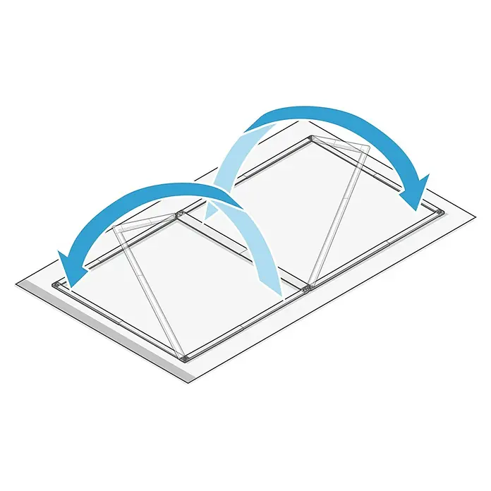 Tesa Insect Stop Puerta con protección contra insectos Falt - Blanco, Montaje de la mosquitera: Pinzas - Ilustración de una ventana de techo que se abre mediante puntos de pivote, mostrada con flechas azules que indican la dirección del movimiento.
