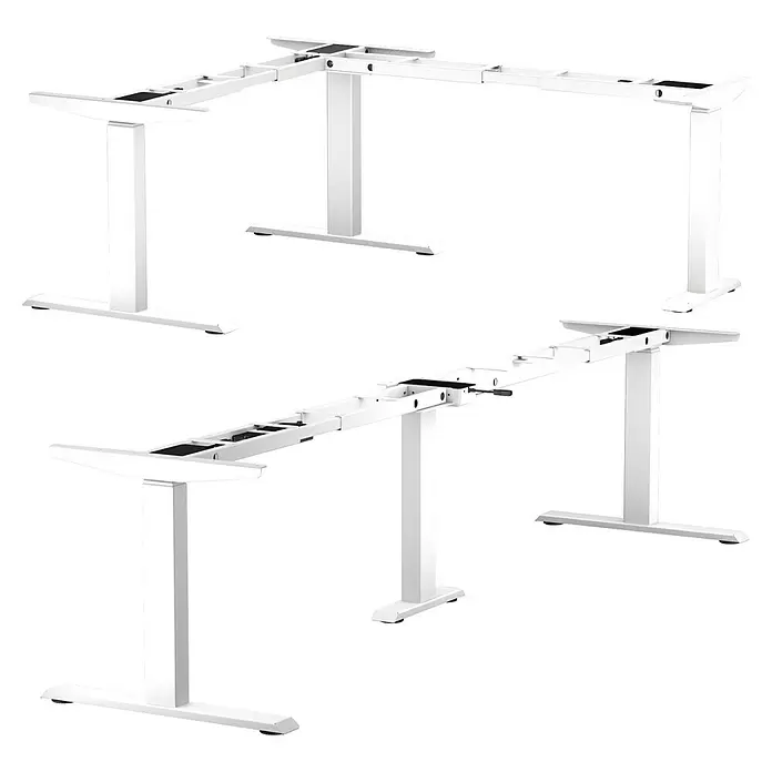 Tischgestell 3M3S - Reinweiß, Höhenverstellung: 625 cm - 1.275 cm, Traglast: 180 kg, Stahl - Weißes L-förmiges elektrisches Stehschreibtischgestell, höhenverstellbar für ergonomische Arbeitsplätze.