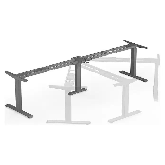 Tischgestell 3M3S - Anthrazit, Höhenverstellung: 625 cm - 1.275 cm, Traglast: 180 kg, Stahl - Graues Metall, dreibeiniges, höhenverstellbares Stehschreibtischgestell, in verschiedenen Höhen dargestellt.
