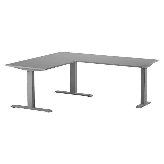 Tischgestell 3M3S - Weißaluminium, Höhenverstellung: 625 cm - 1.275 cm, Traglast: 180 kg, Stahl - Grauer L-förmiger Eckschreibtisch mit stabilen, rechteckigen Beinen und flachen Standfüßen.