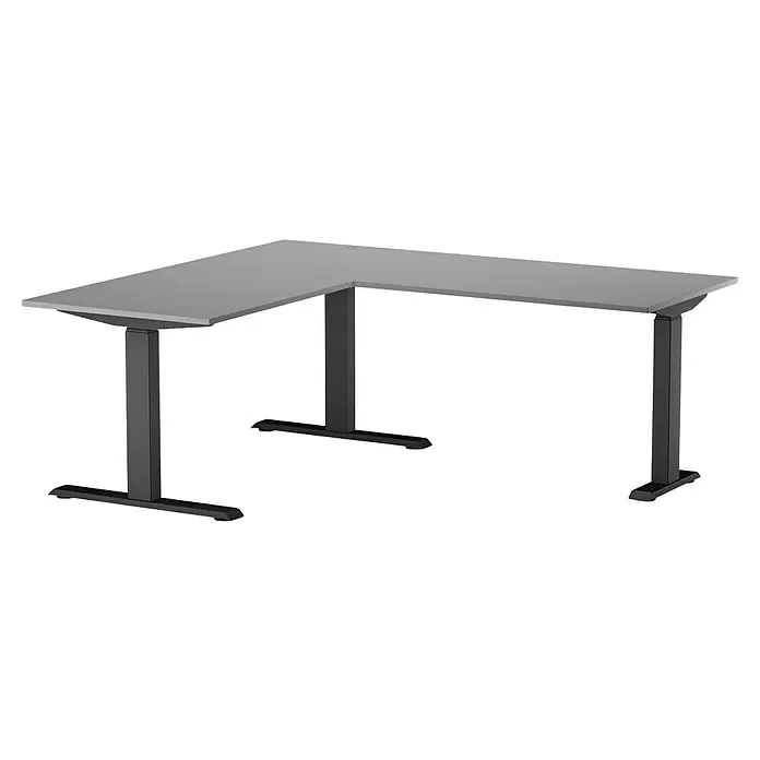 Tischgestell 3M3S - Schwarz, Höhenverstellung: 625 cm - 1.275 cm, Traglast: 180 kg, Stahl - L-förmiger Stehschreibtisch mit grauer Platte und schwarzen, höhenverstellbaren Beinen.