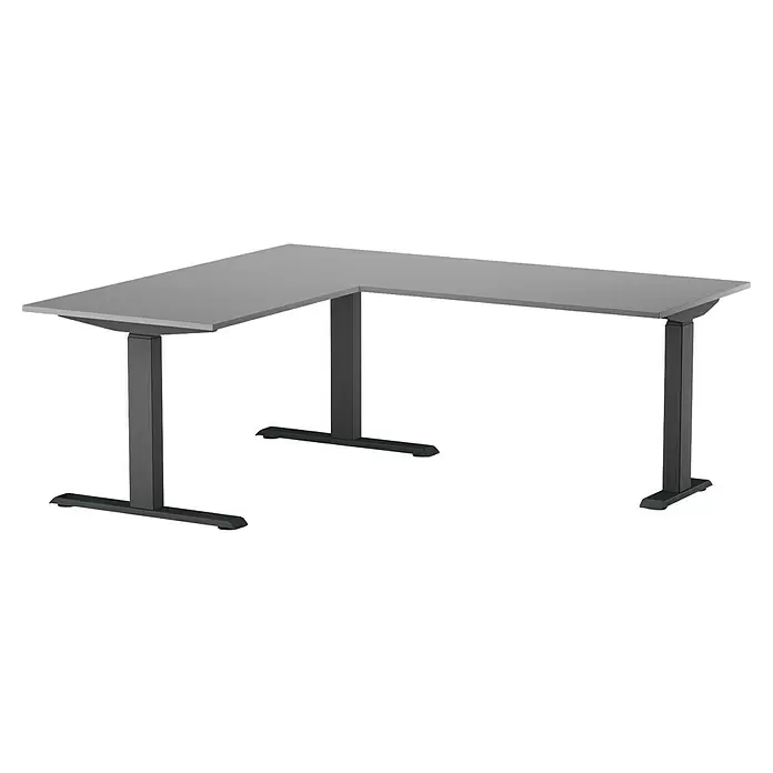 Tischgestell 3M3S - Anthrazit, Höhenverstellung: 625 cm - 1.275 cm, Traglast: 180 kg, Stahl - Grauer L-förmiger Stehschreibtisch mit dunkelgrauen rechteckigen Beinen.