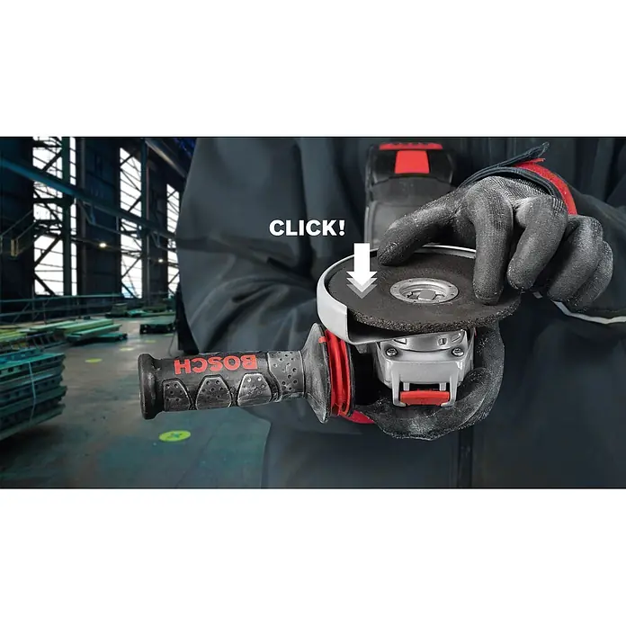 Bosch Professional X-Lock Amoladora angular eléctrica GWX 10-125 - 1.000 W, Diámetro disco: 125 mm, Número de revoluciones de marcha en vacío: 11.000 r.p.m. - Detalle de una amoladora angular Bosch con instrucciones para colocar la muela, ideal para profesionales.