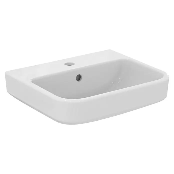 Ideal Standard i.life B Waschbecken - B x L: 45 x 38 cm, Ohne Spezialglasur, Hahnloch: Mitte, Mit Überlauf, Weiß - Weißes Keramikwaschbecken mit Überlauf und Hahnloch.
