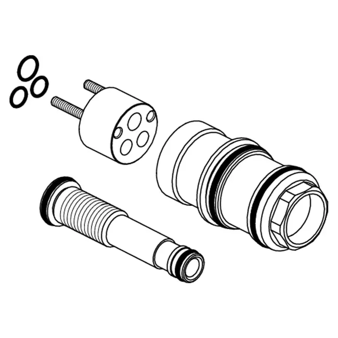 Ideal Standard Verlängerungsstück - Passend für: 2-löchiges Ideal Standard Unterputzsystem - Zerlegte Ventilkomponenten: O-Ringe, zylindrischer Einsatz, Gewindewelle und äußeres Ventilgehäuse.