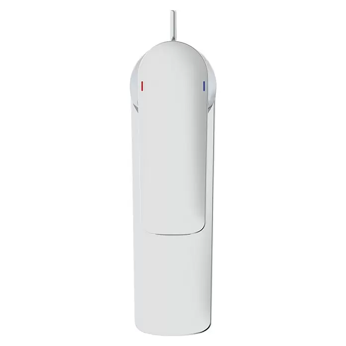 Ideal Standard Connect Air Waschtischarmatur - Höhe: 17,6 cm, Chrom, Glänzend - Weißes, rechteckiges Gerät mit silbernem Oberteil und roten und blauen Indikatoren.