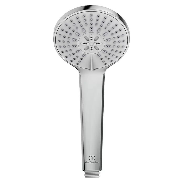 Ideal Standard Ceratherm Duschsystem T25 - Mit Thermostatarmatur, Lochabstand: 70 cm, Anzahl Strahlarten: 3 Stk., Chrom - Verchromte Handbrause mit mehrstrahligem Duschkopf und 'Ideal Standard' Logo.