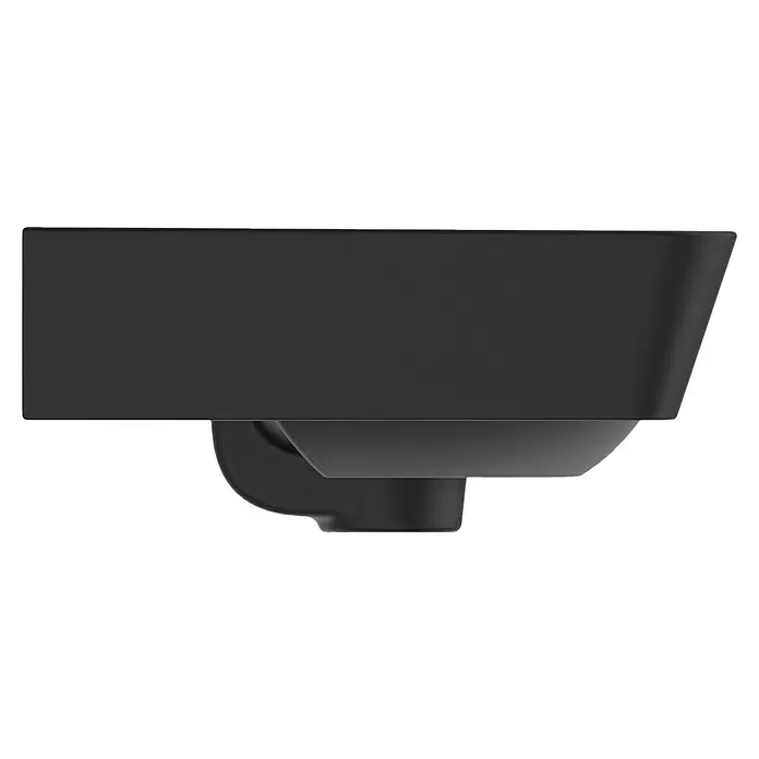 Ideal Standard Connect Air Waschbecken - B x L: 40 x 35 cm, Ohne Spezialglasur, Hahnloch: Mitte, Mit Überlauf, Schwarz - Seitenansicht eines dunkelgrauen, rechteckigen Kameragehäuses mit abgerundeter Basis.