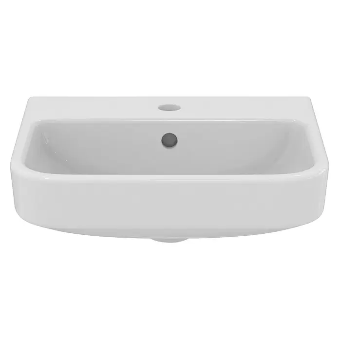 Ideal Standard i.life B Waschbecken - B x L: 45 x 38 cm, Ohne Spezialglasur, Hahnloch: Mitte, Mit Überlauf, Weiß - Weiße Keramik-Waschbeckenuntersicht mit Überlauf und Abfluss.