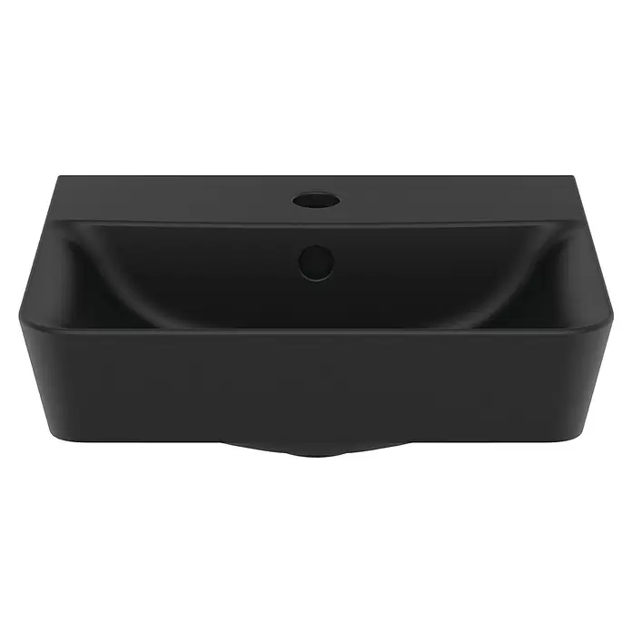 Ideal Standard Connect Air Waschbecken - B x L: 40 x 35 cm, Ohne Spezialglasur, Hahnloch: Mitte, Mit Überlauf, Schwarz - Mattes schwarzes rechteckiges Waschbecken mit Überlauf und einem Hahnloch.