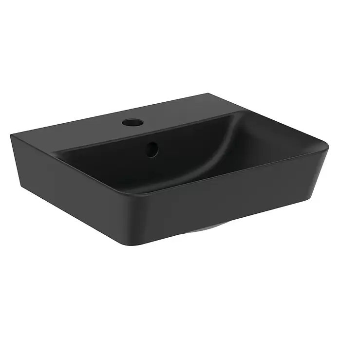 Ideal Standard Connect Air Waschbecken - B x L: 40 x 35 cm, Ohne Spezialglasur, Hahnloch: Mitte, Mit Überlauf, Schwarz - Schwarzes Keramik-Waschbecken mit matter Oberfläche, Hahnloch und Überlauf.