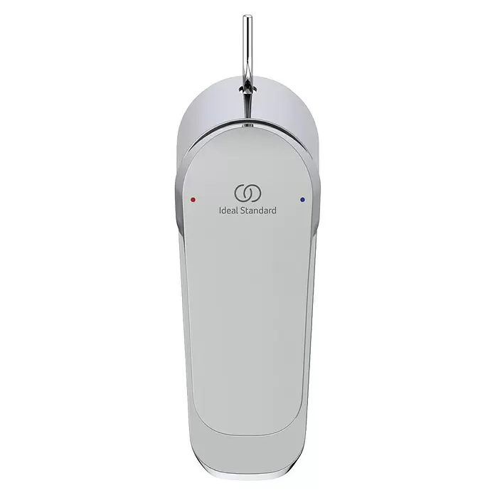 Ideal Standard Ceraflex Waschtischarmatur - Höhe: 13,3 cm, Chrom, Glänzend - Aufbauansicht einer verchromten und weißen Einhebel-Mischbatterie mit roten und blauen Temperaturanzeigen.