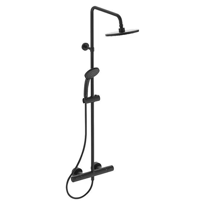 Ideal Standard Ceratherm Duschsystem T25 - Mit Thermostatarmatur, Höhe: 111 cm, Anzahl Strahlarten: 1 Stk. - Mattschwarze Duschsäule mit Kopfbrause, Handbrause und Thermostatmischer.