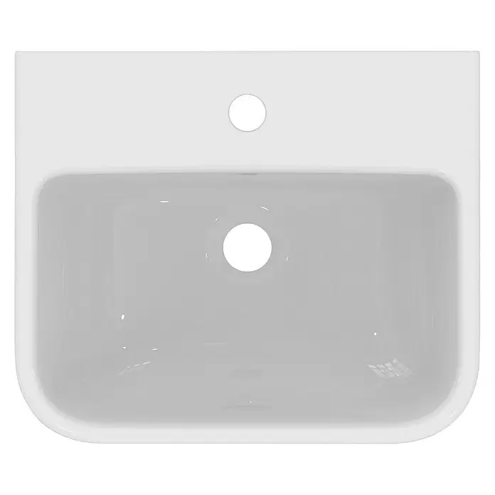 Ideal Standard i.life B Waschbecken - B x L: 45 x 38 cm, Ohne Spezialglasur, Hahnloch: Mitte, Mit Überlauf, Weiß - Weißes Keramikwaschbecken von oben, mit Armaturloch und Abflussöffnung.