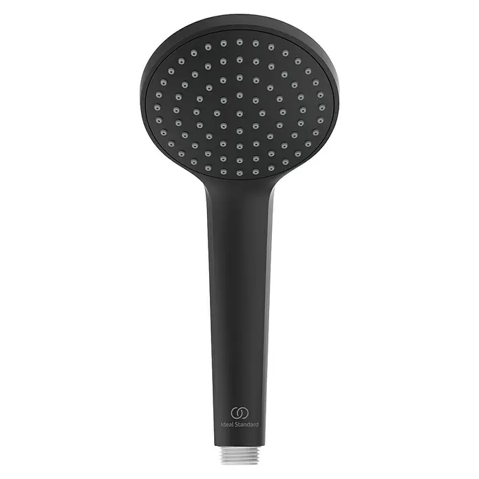 Ideal Standard Ceratherm Duschsystem T25 - Mit Thermostatarmatur, Höhe: 111 cm, Anzahl Strahlarten: 1 Stk. - Mattschwarzer Ideal Standard Handbrausekopf mit runder Sprühfläche.