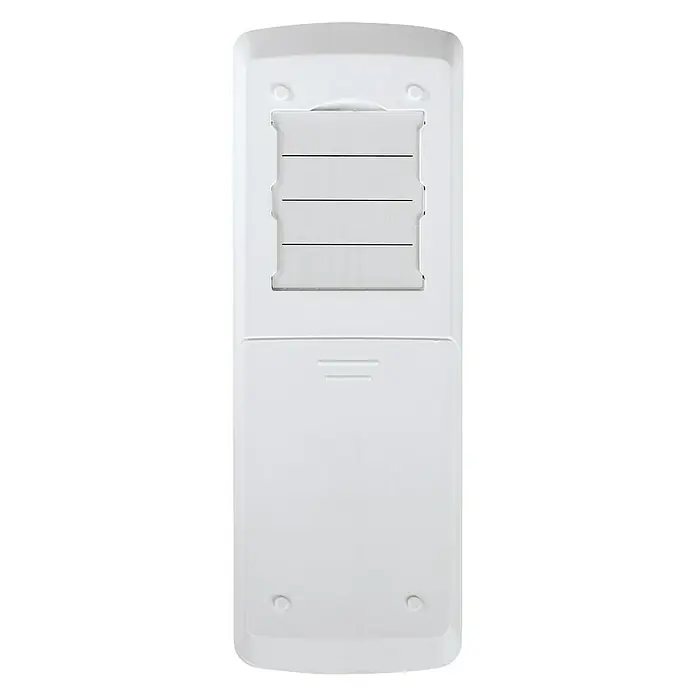 Homematic IP Funkfernbedienung HmIP-RC8 - 300 m, Weiß, 19 x 46 x 131 mm - Rückansicht einer weißen Fernbedienung mit Batteriefach und Aussparungen. Schlichtes Design für einfache Bedienung.