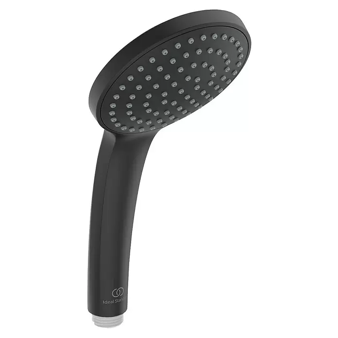 Ideal Standard Ceratherm Duschsystem T25 - Mit Thermostatarmatur, Höhe: 111 cm, Anzahl Strahlarten: 1 Stk. - Dunkelgrauer Handbrausekopf mit weißen Düsen.