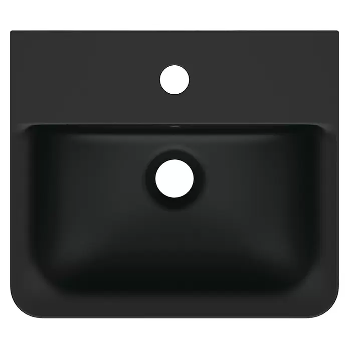 Ideal Standard Connect Air Waschbecken - B x L: 40 x 35 cm, Ohne Spezialglasur, Hahnloch: Mitte, Mit Überlauf, Schwarz - Schwarzes Einzelbecken mit Löchern für Wasserhahn und Abfluss.