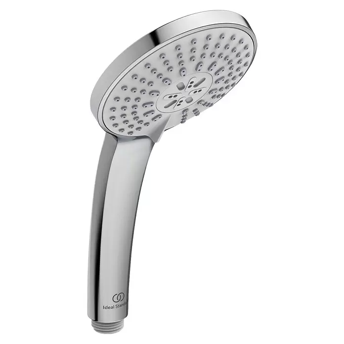 Ideal Standard Ceratherm Duschsystem T25 - Mit Thermostatarmatur, Lochabstand: 70 cm, Anzahl Strahlarten: 3 Stk., Chrom - Verchromte Ideal Standard Handbrause mit weißer Strahlscheibe und grauen Düsen.