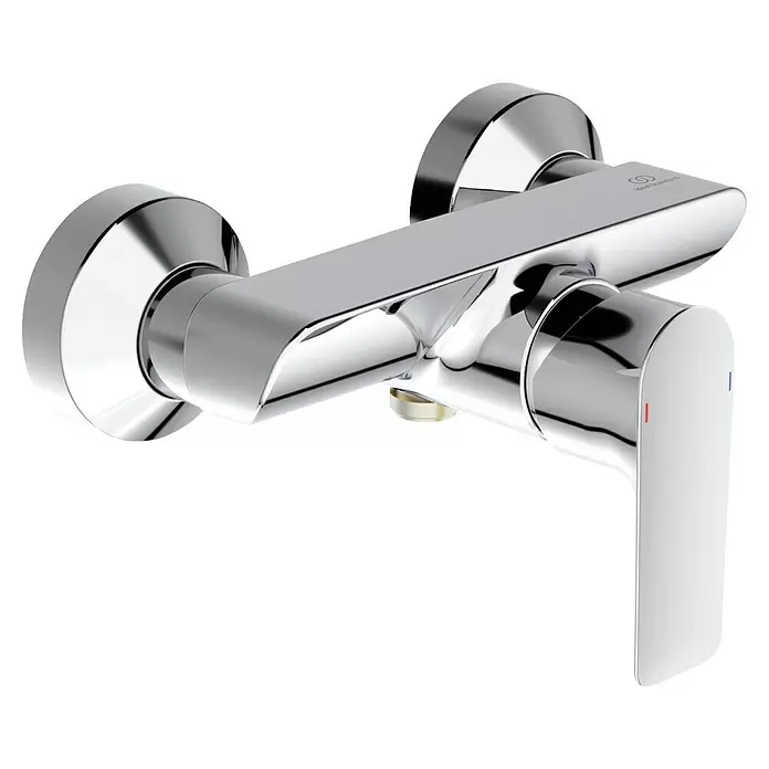 Ideal Standard Connect Air Brausearmatur - Chrom, Glänzend - Verchromte Duscharmatur mit weißem Einhebelmischer zur Temperatur- und Flusskontrolle, mit roten und blauen Markierungen.