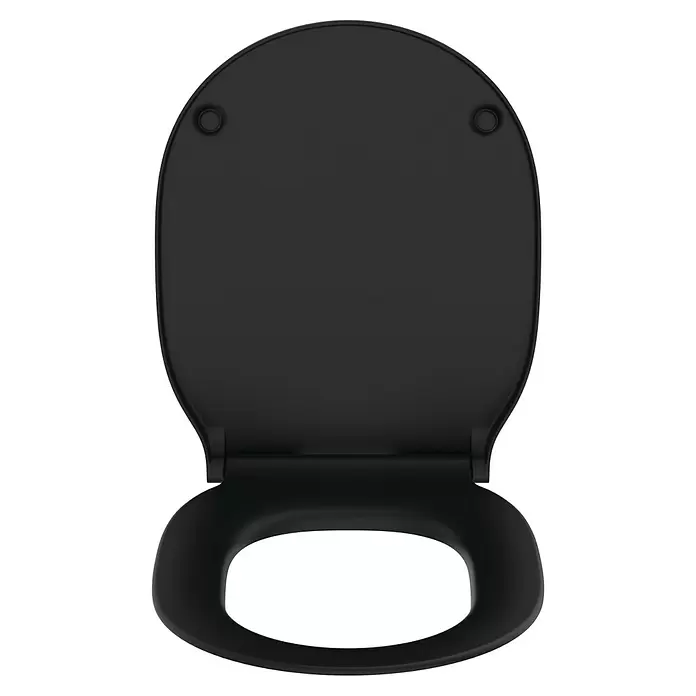 Ideal Standard Connect Air WC-Sitz - Duroplast, Schwarz, Mit Absenkautomatik - Schwarzer Toilettensitz mit offenem Deckel, von oben gesehen.