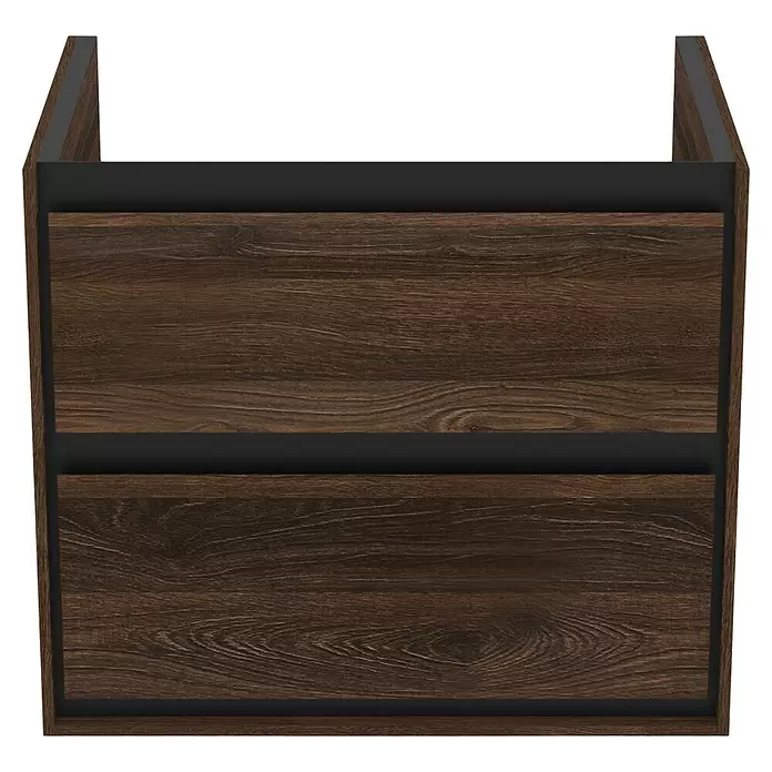 Ideal Standard Connect Air Waschtischunterschrank - 60 x 44 x 51,7 cm, Nussbaum/Schwarz, Matt - Dunkelbrauner Holzmaserung-Zweischubladenschrank mit dunkelgrauem Besatz.