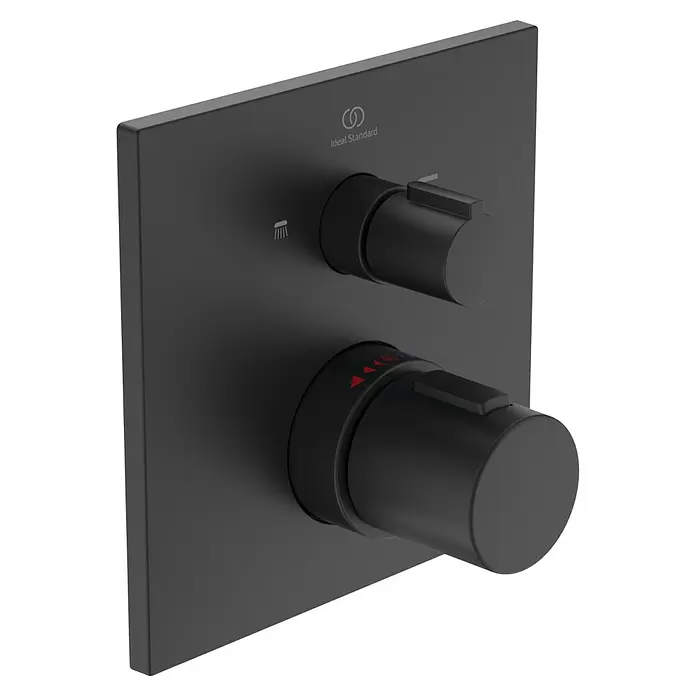Ideal Standard Ceratherm UP-Thermostatarmatur C100 - Quadratisch, Schwarz, Matt - Mattschwarzer Unterputz-Duschmischer mit zwei runden Bedienelementen, Duschsymbol und Temperaturanzeige.