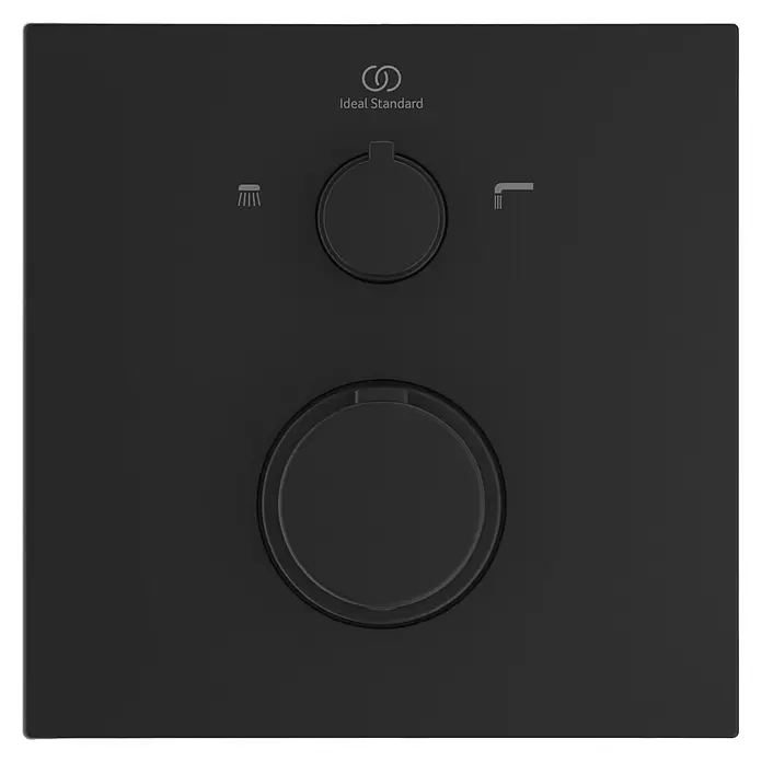 Ideal Standard Ceratherm UP-Thermostatarmatur C100 - Quadratisch, Schwarz, Matt - Mattschwarze Ideal Standard Unterputz-Dusch-/Badewannenarmatur mit zwei runden Bedienelementen und Funktionssymbolen.