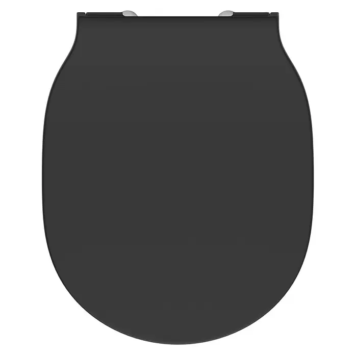 Ideal Standard Connect Air WC-Sitz - Duroplast, Schwarz, Mit Absenkautomatik - Dunkelgrauer Toilettensitz, Draufsicht, mit silbernen Scharnieren.