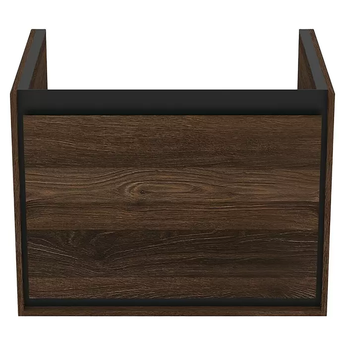 Ideal Standard Connect Air Waschtischunterschrank - 53 x 40,9 x 40 cm - Dunkelbraune Holzschubladenfront mit schwarzer Leiste.