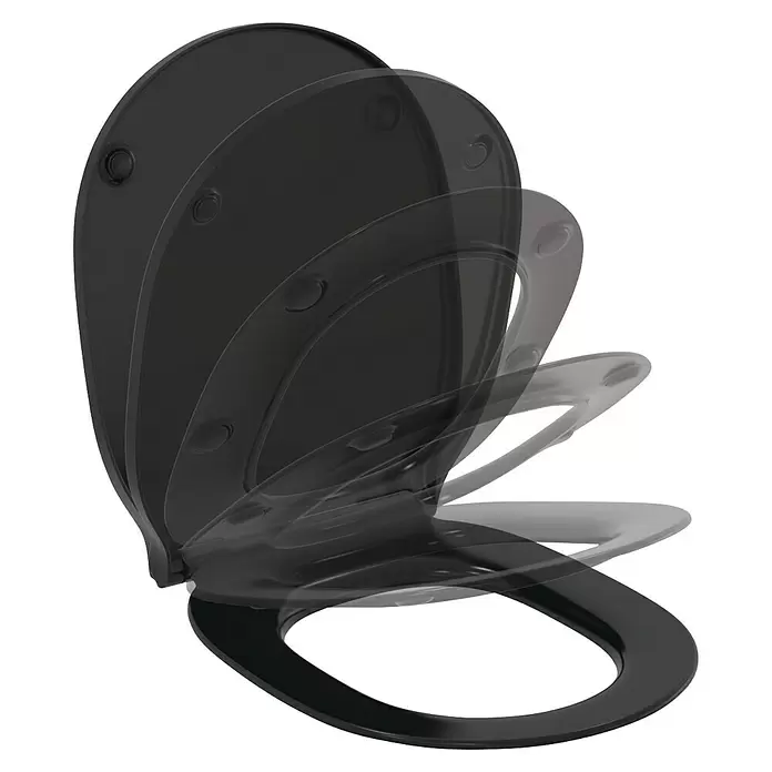 Ideal Standard Connect Air WC-Sitz - Duroplast, Schwarz, Mit Absenkautomatik - Schwarzer Toilettensitz mit Absenkautomatik, der in verschiedenen Schließphasen gezeigt wird.