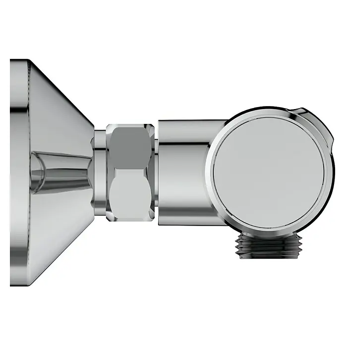 Ideal Standard Ceratherm Brausethermostat T25Chrom, Glänzend - Nahaufnahme eines glänzenden Eckventils aus Chrom mit Details wie sechseckigen Verbindungsstücken und Gewinden.