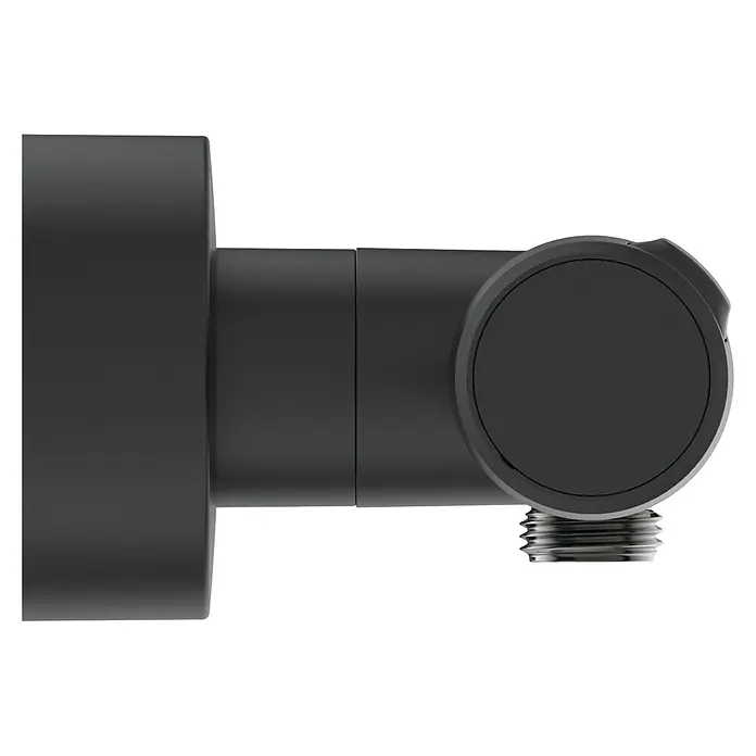 Ideal Standard Ceratherm Brausethermostat T25 - Schwarz - Detailaufnahme einer schwarzen Armatur mit Gewindeanschluss, geeignet für Sanitärinstallationen und moderne Badgestaltung.