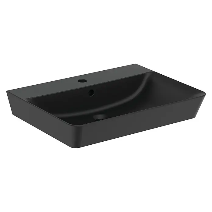 Ideal Standard Connect Air Waschtisch - 60 x 46 cm, Ohne Spezialglasur, Hahnloch: Mitte, Mit Überlauf, Schwarz - Elegantes schwarzes Waschbecken für das Badezimmer. Das moderne Design fügt sich nahtlos in jede Badezimmergestaltung ein.