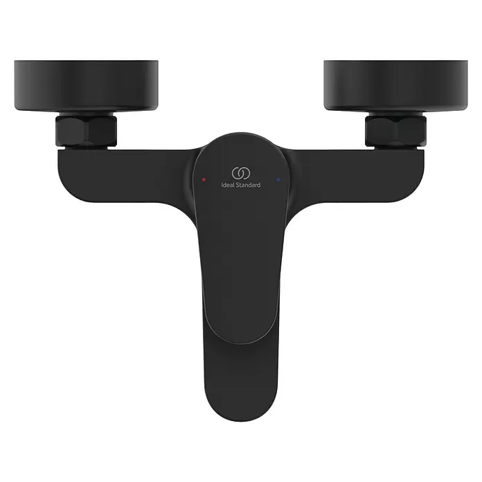 Ideal Standard Cerafine O Badewannenarmatur - Ausladung Armatur: 155 mm, Schwarz, Matt - Mattschwarze Ideal Standard Duscharmatur mit Einhebelmischer, mit roten und blauen Temperaturanzeigen.