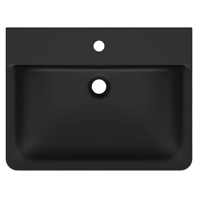 Ideal Standard Connect Air Waschtisch - 60 x 46 cm, Ohne Spezialglasur, Hahnloch: Mitte, Mit Überlauf, Schwarz - Ansicht von oben auf ein schwarzes Waschbecken mit Hahnloch und rundem Abfluss. Ideal für ein modernes Badezimmerdesign mit einfacher Installation.