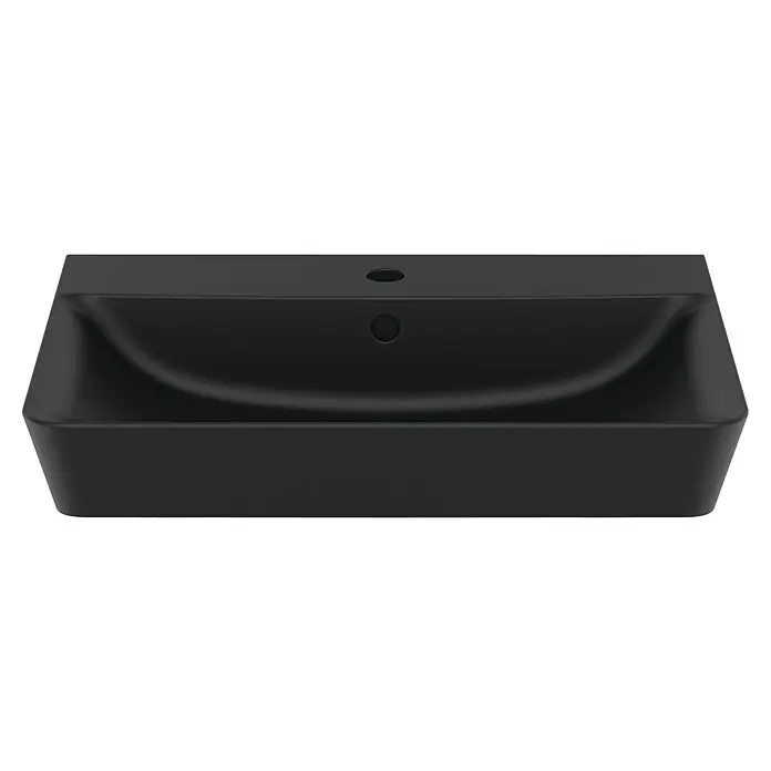 Ideal Standard Connect Air Waschtisch - 60 x 46 cm, Ohne Spezialglasur, Hahnloch: Mitte, Mit Überlauf, Schwarz - Das elegante, schwarze Aufsatzwaschbecken besticht durch sein modernes Design und die hochwertige Verarbeitung. Perfekt für stilvolle Badezimmer.
