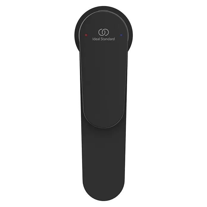 Ideal Standard Cerafine O Waschtischarmatur H120 - Schwarz, Matt, Mit Push-Open Ablaufgarnitur - Dunkelgraue Ideal Standard Armaturensteuerung mit roten und blauen Warm-/Kaltwasseranzeigen.